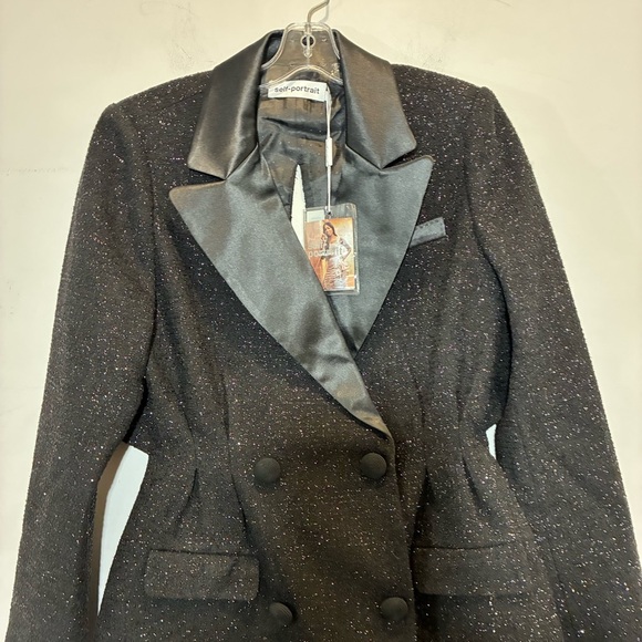Self Portrait NWT Double Breasted V Neck Black Metallic Woven Blazer Dress Us 6 - Picture 6 of 8
